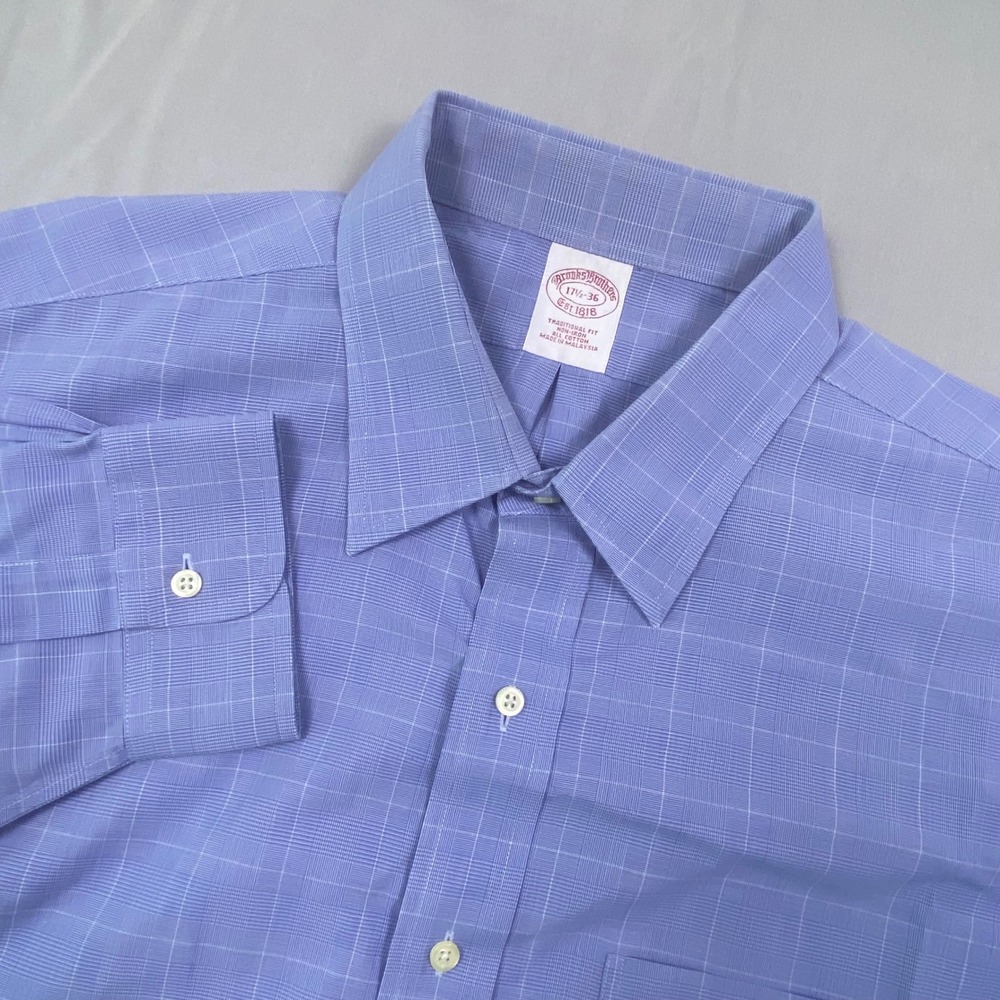Brooks Brothers Traditional Fit Dress Shirt Mens 17.5 36 Blue‎ Non Iron Plaid